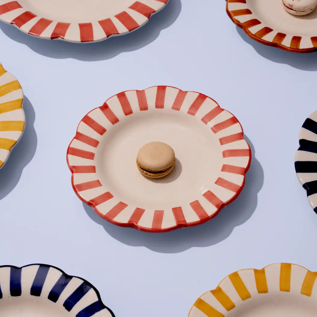 Ceramic Stripe Dinner Plate, Red- 10 x 10 x 1.25 Inches ( Set of 4 )