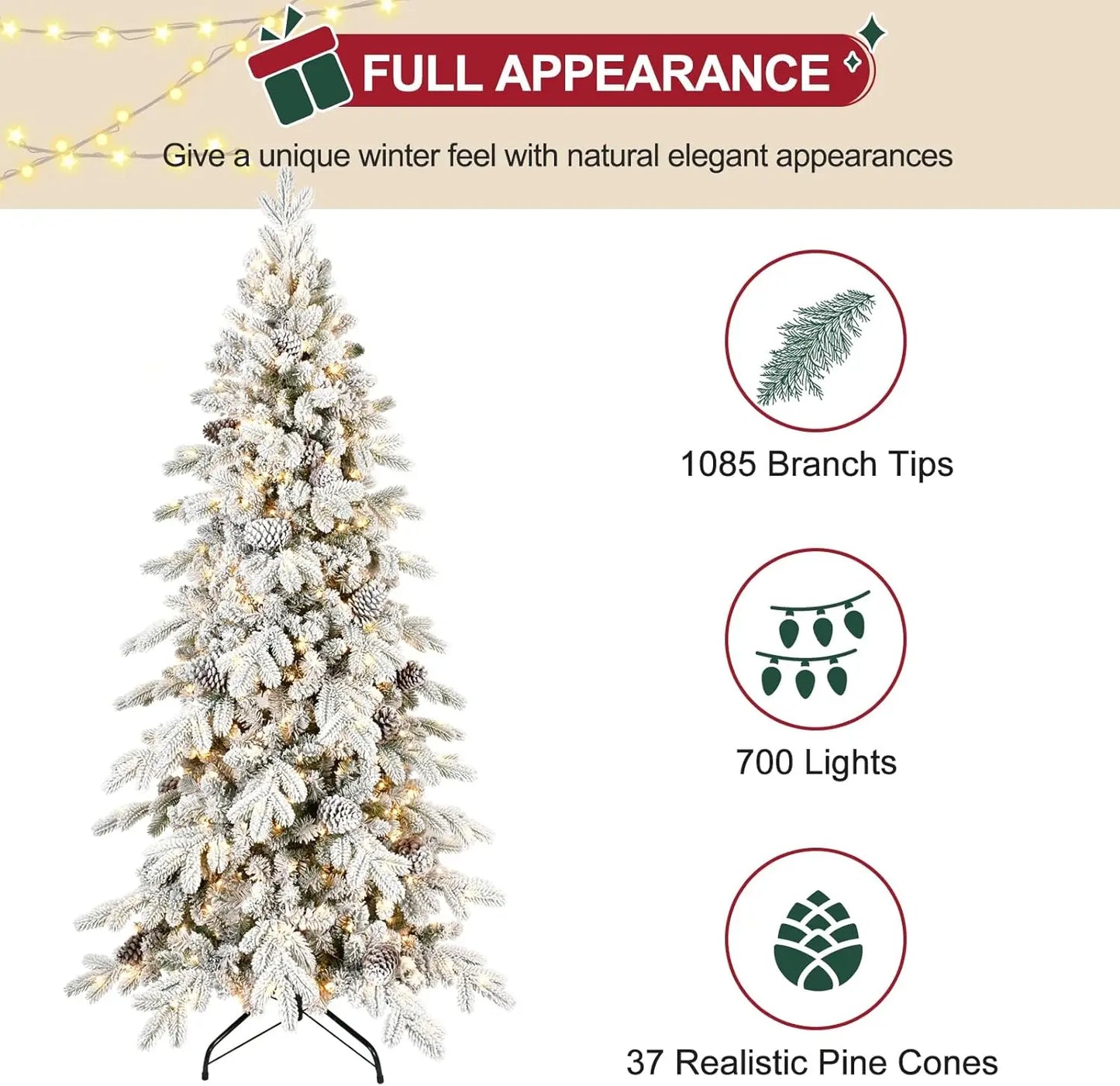6.5 FT Pre-Lit Snow Flocked Slim Fir Christmas Tree