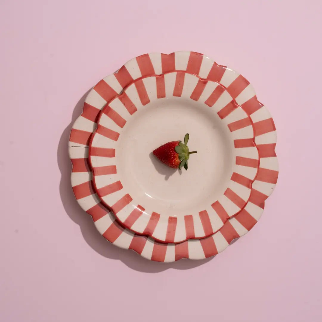 Ceramic Stripe Dinner Plate, Red- 10 x 10 x 1.25 Inches ( Set of 4 )