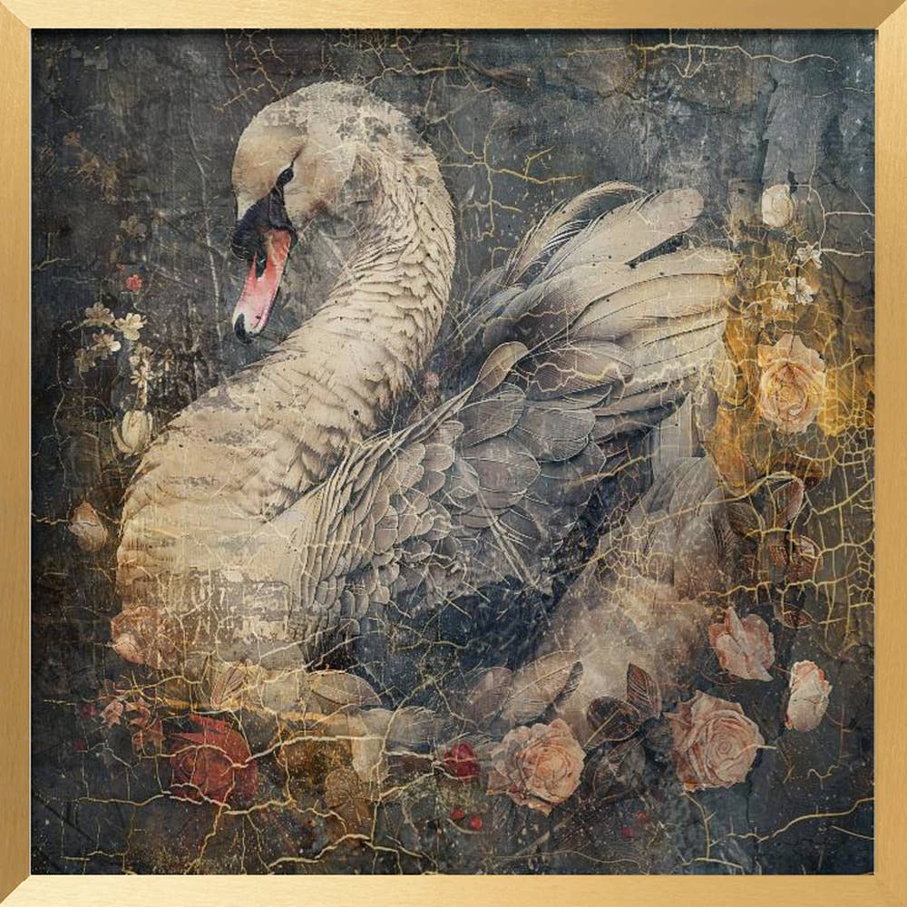 "Swan Vintage 25" Framed Wall Art by Rafal Kulik - 16" W x 16" H
