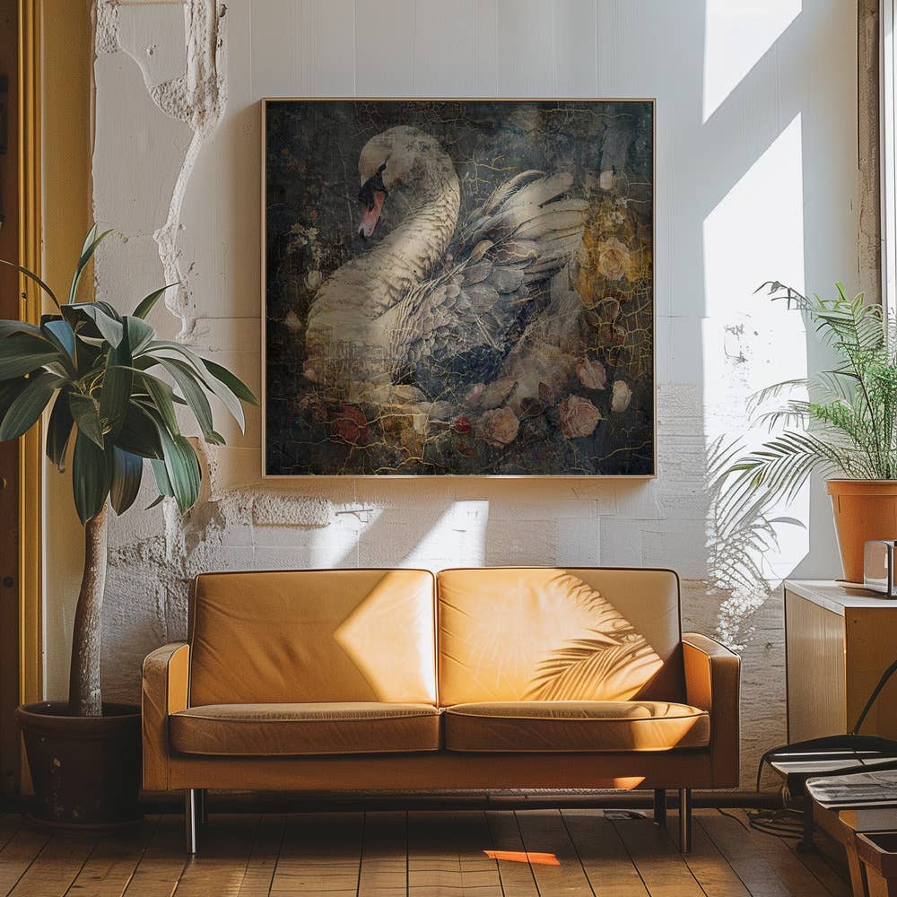 "Swan Vintage 25" Framed Wall Art by Rafal Kulik - 16" W x 16" H