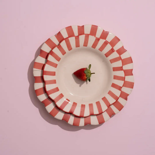 Ceramic Stripe Dinner Plate,  Red- 10 x 10 x 1.25 Inches ( Set of 4 )